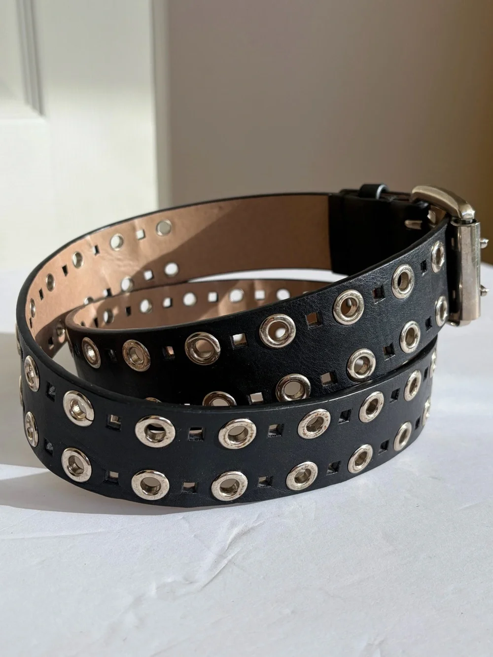 Steve Madden Fashion Double Grommet Belt Unisex Black Silver Punk Goth Rocker
